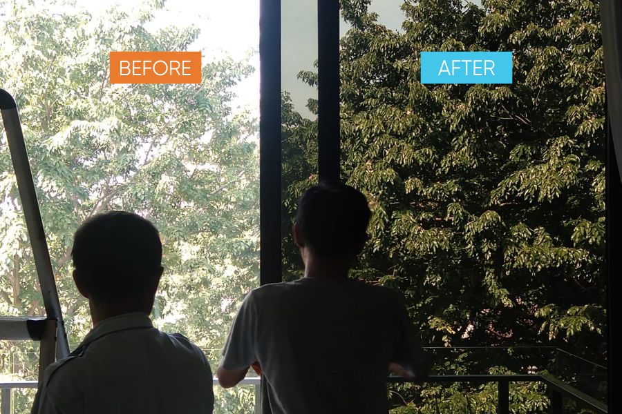 *Berikut contoh perbedaan antara kaca yang belum dipasang kaca film (kiri) dan kaca yang sudah dipasang kaca film signature shade 80% (kanan)